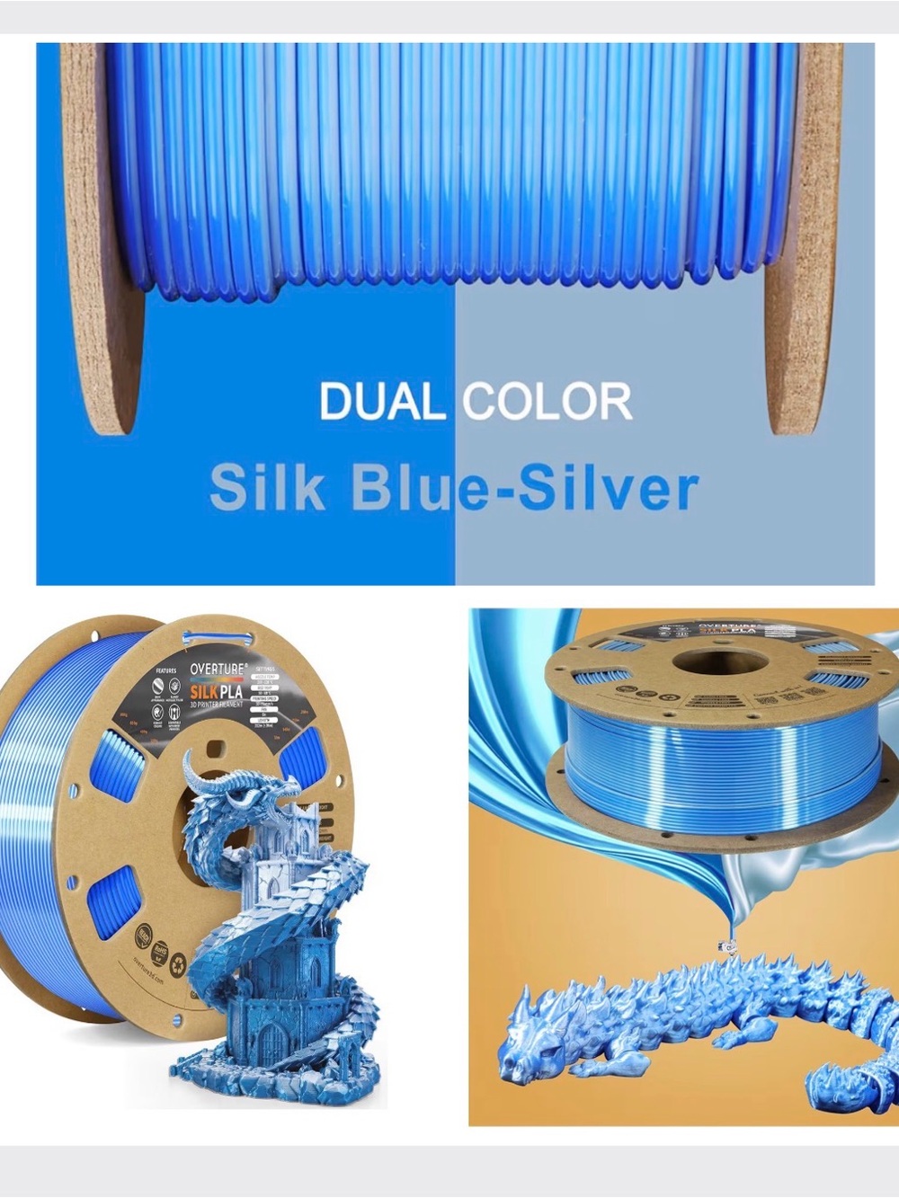 OVERTURE Silk PLA Dual Color Filament 1.75mm, Bi-Color Shiny PLA Finish,